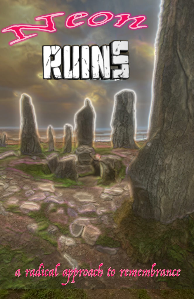 A dystopian, rocky landscape with the words Neon Ruins written in large letters at the top.